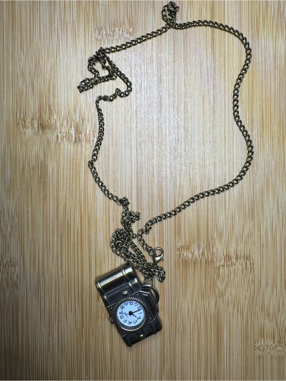 Vintage Camera Pendant Necklace with Clock Face - Antique Brass